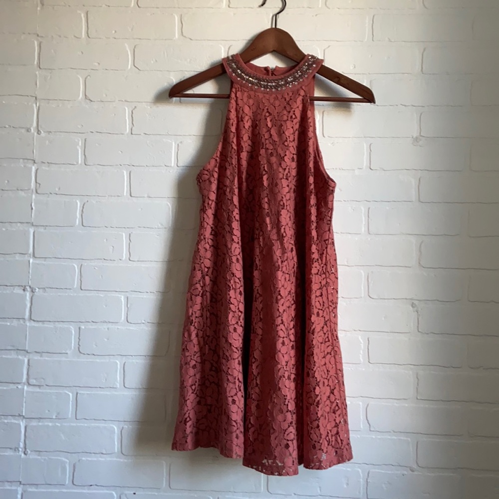 rose lace high neck beaded dress.
